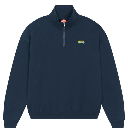 Oversized Fit Quarter Zip Pullover mit gesticktem Bus-Motiv