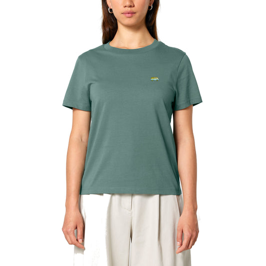 Damen T-Shirt aus 100% Bio-Baumwolle, weich und vegan mit gesticktem Bus auf der Brust.