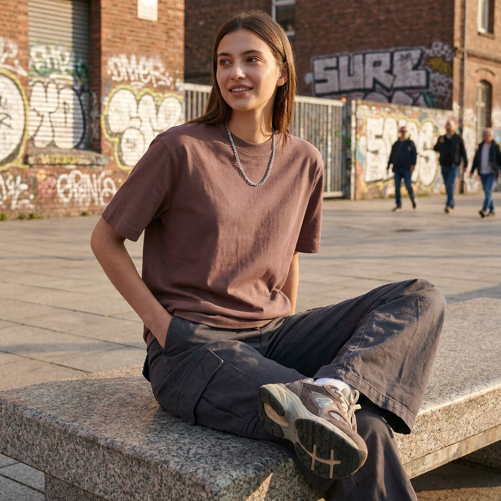 Heavyweight T-Shirt Basic Relaxed Fit – Frau trägt nachhaltiges T-Shirt | fimpa.