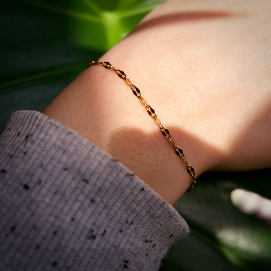 Zartes, filigranes Lip-Chain-Armband vergoldet im Sonnenlicht vor einem Monstera Blatt.