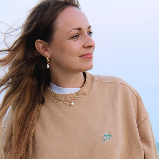 Damen Oversized Fit Vintage Sweatshirt mit gesticktem Monstera-Blatt