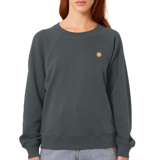 Damen Oversized Fit Raglan-Sweatshirt mit gesticktem Sonnen-Motiv
