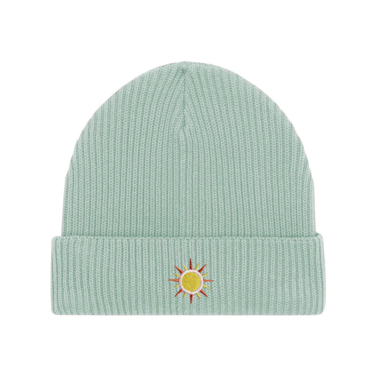 Mintgrüner Beanie mit gelbem Sonnen-Stick auf dem Saum – fröhliches und minimalistisches Design.