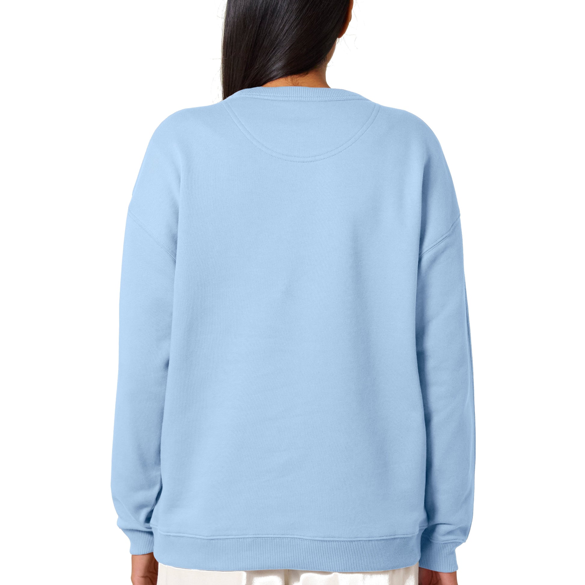Rückansicht des Sweatshirts in sehhr hellem blau. Die Stoffdicke und die hohe Qualität der Nähte ist zu erkennen.