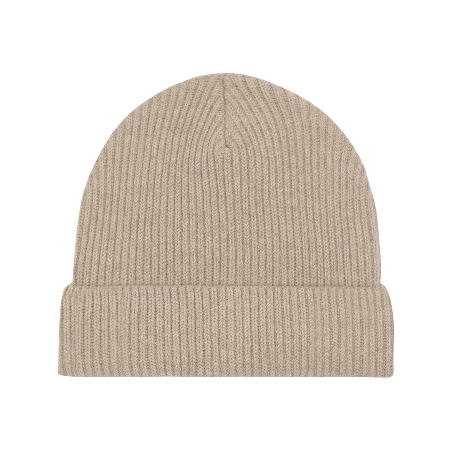 Beigefarbener Beanie mit feinem Rippstrick und umgeschlagenem Saum – zeitloses und trendiges Winteraccessoire.