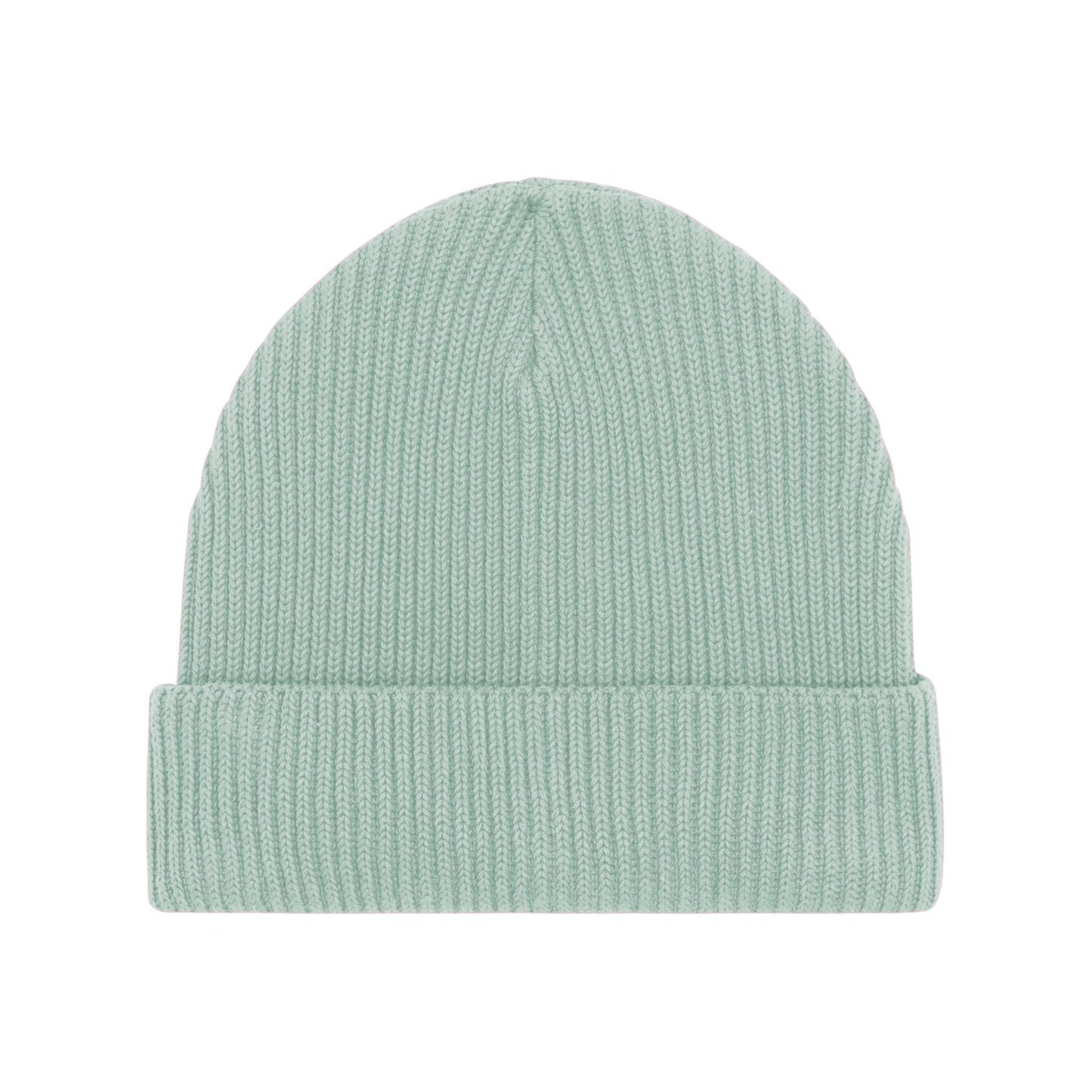 Eine minimalistische, pastellgrüne Strickmütze mit umgeschlagenem Saum, schlichtes und stilvolles Design.