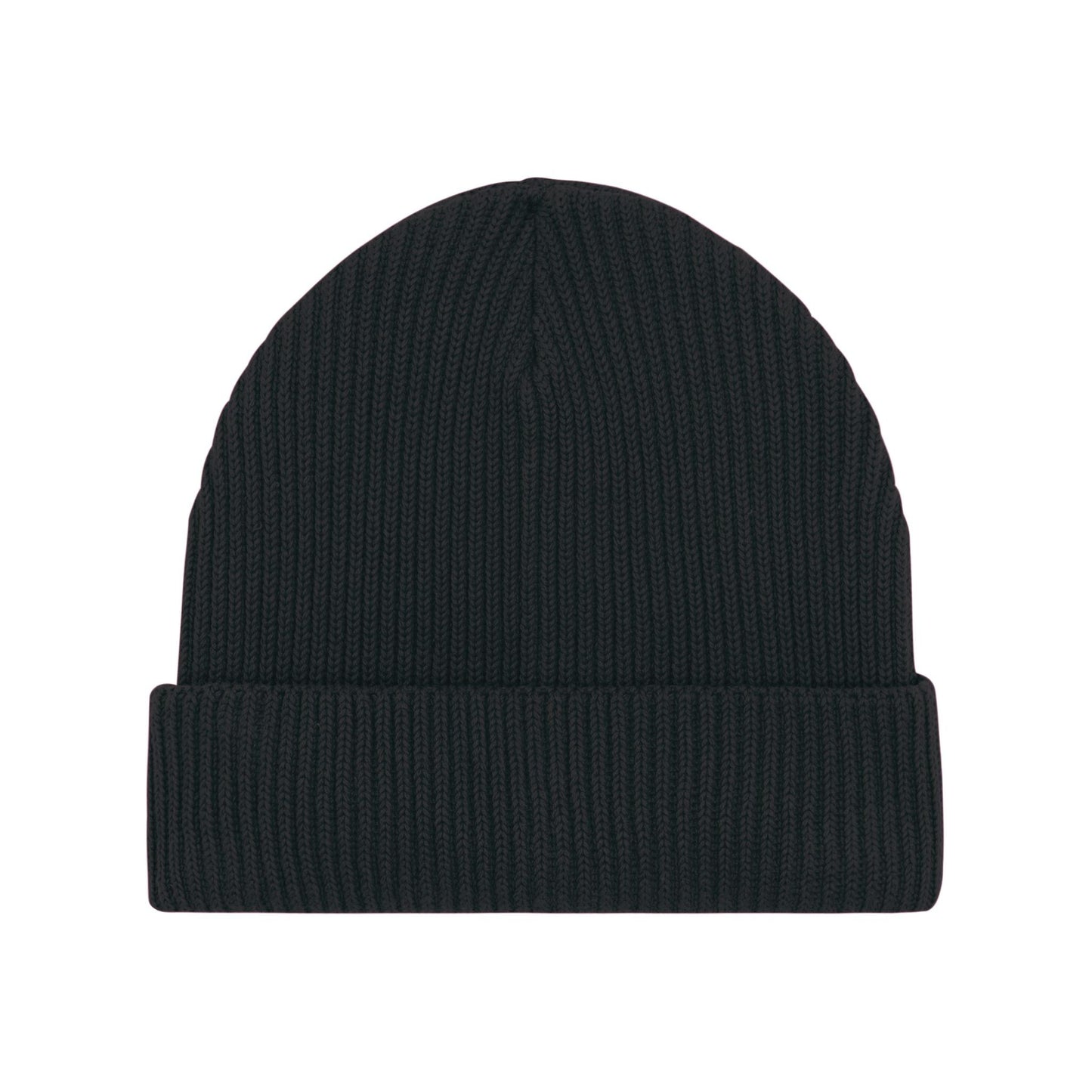 "Eine minimalistische, schwarze Fisherman Beanie Strickmütze mit umgeschlagenem Saum, klassisches und vielseitiges Design.