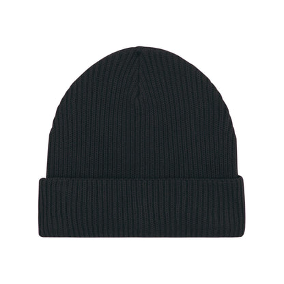 "Eine minimalistische, schwarze Fisherman Beanie Strickmütze mit umgeschlagenem Saum, klassisches und vielseitiges Design.