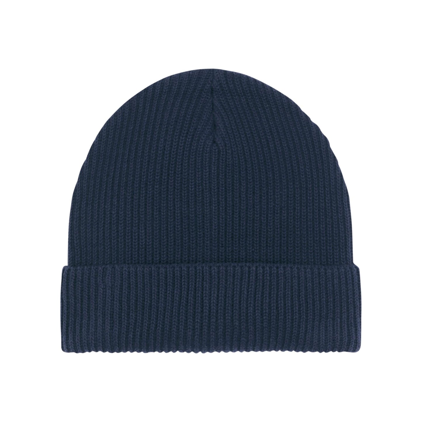 Eine minimalistische, dunkelblaue Strickmütze mit umgeschlagenem Saum, klassisches und vielseitiges Design.