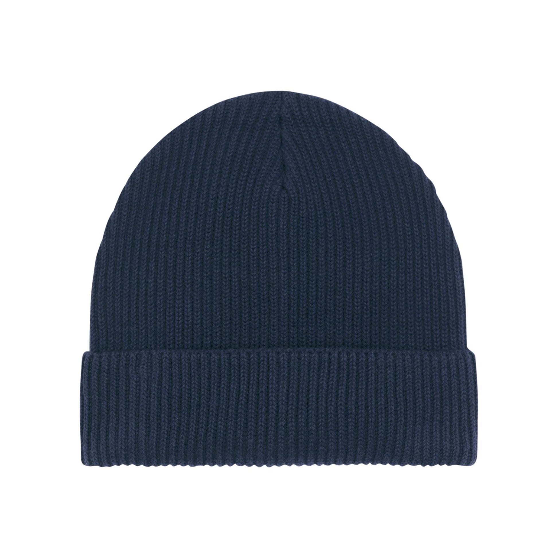 Eine minimalistische, dunkelblaue Strickmütze mit umgeschlagenem Saum, klassisches und vielseitiges Design.