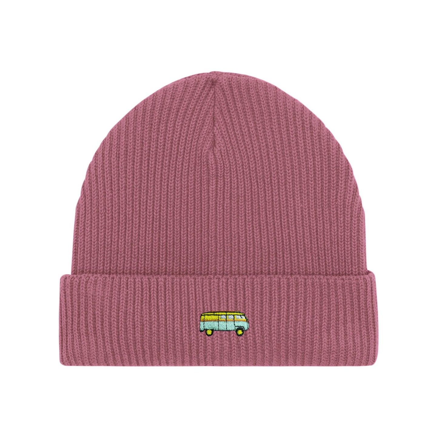 Altrosa Beanie mit feinem Rippstrick und gesticktem Bus-Motiv auf dem umgeschlagenen Rand – ein modischer Hingucker.