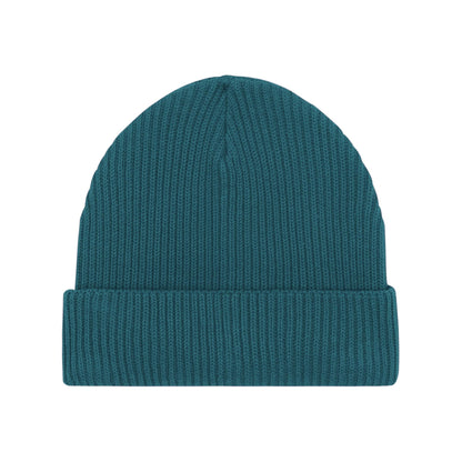 Petrolfarbene Strickmütze Beanie mit geripptem Muster und umgeschlagenem Rand – modernes Accessoire für jeden Anlass.