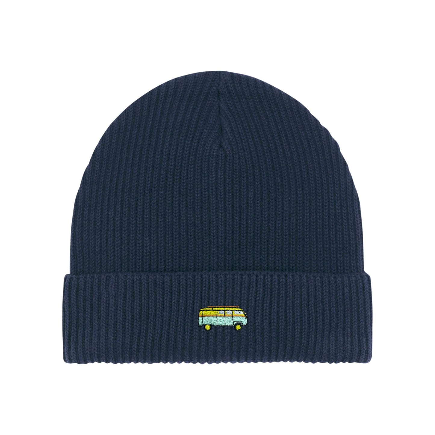 Dunkelblaue Beanie Strickmütze mit geripptem Muster und umgeschlagenem Rand sowie gesticktem Bus – modernes Accessoire für jeden Anlass.