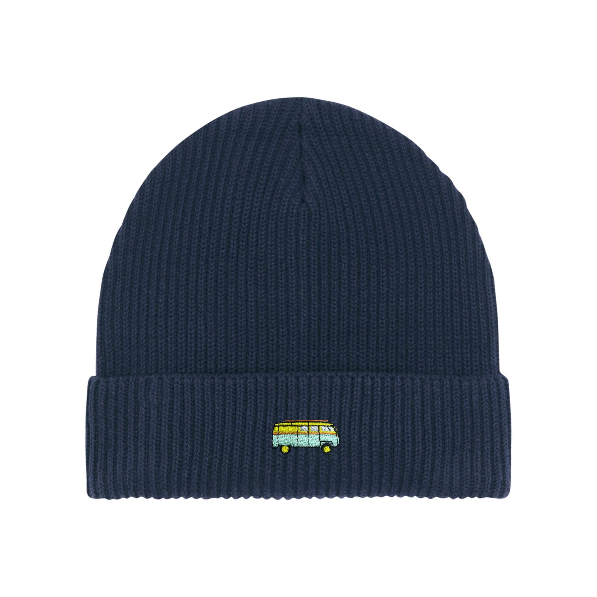 Dunkelblaue Beanie Strickmütze mit geripptem Muster und umgeschlagenem Rand sowie gesticktem Bus – modernes Accessoire für jeden Anlass.