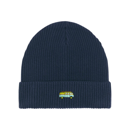Dunkelblaue Beanie Strickmütze mit geripptem Muster und umgeschlagenem Rand sowie gesticktem Bus – modernes Accessoire für jeden Anlass.
