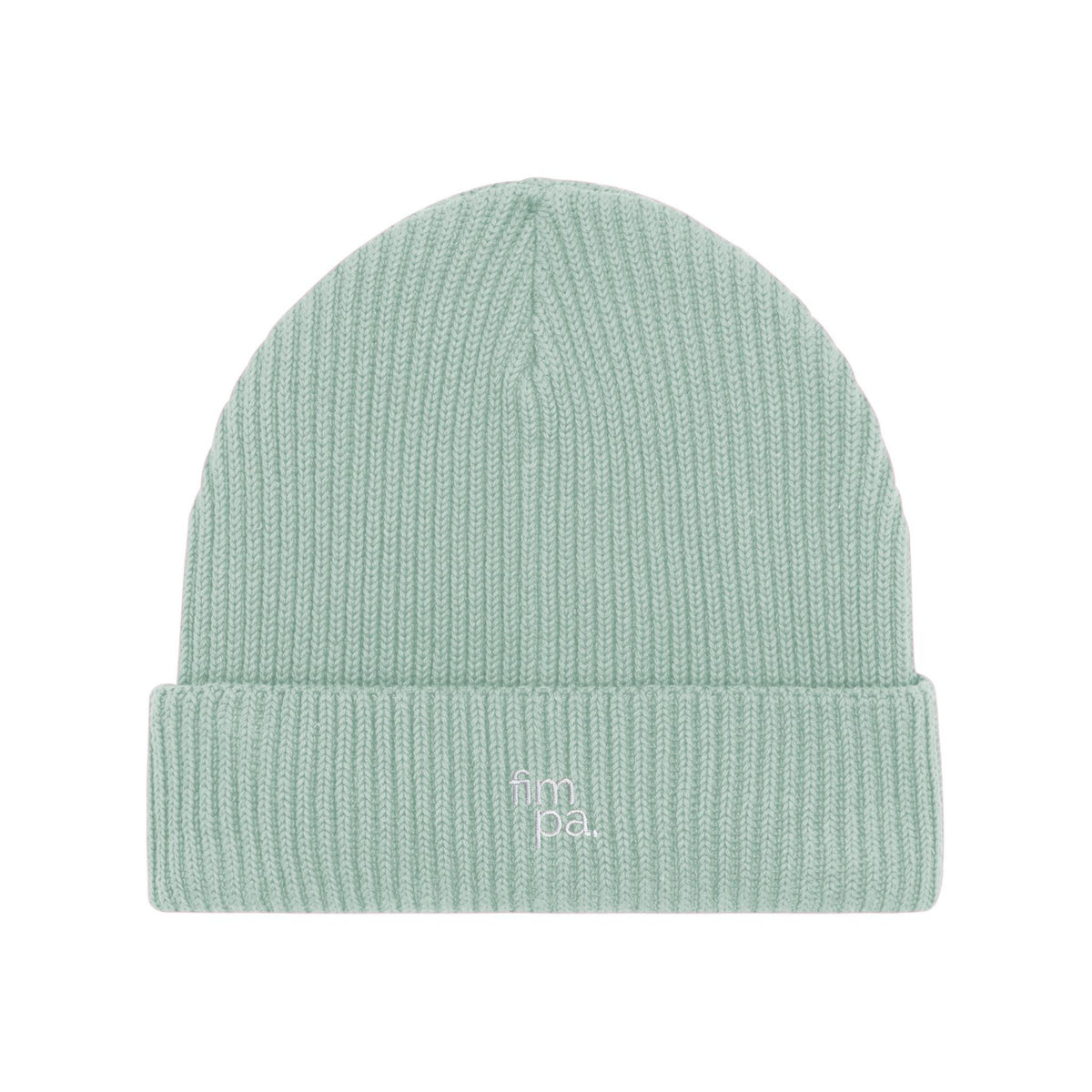 Mintgrüner Beanie mit feinem Rippstrick und weiß gesticktem fimpa Logo auf dem umgeschlagenen Saum, modernes Design.
