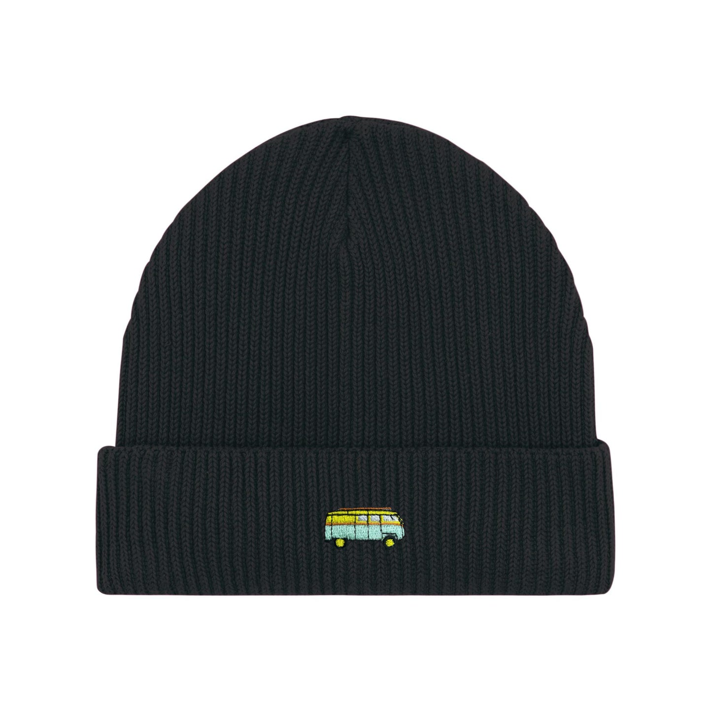 Eine schwarze Fisherman Beanie Strickmütze mit umgeschlagenem Saum, gesticktem Bus-Motiv. Vielseitig kombinierbar und warm.