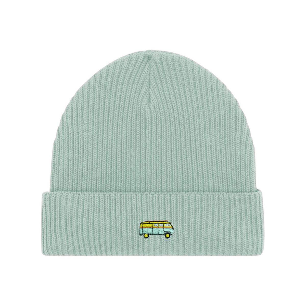 Beanie in Aloe mit gesticktem Bus und geripptem Muster sowie umgeschlagenem Rand – modernes Accessoire für jeden Anlass.