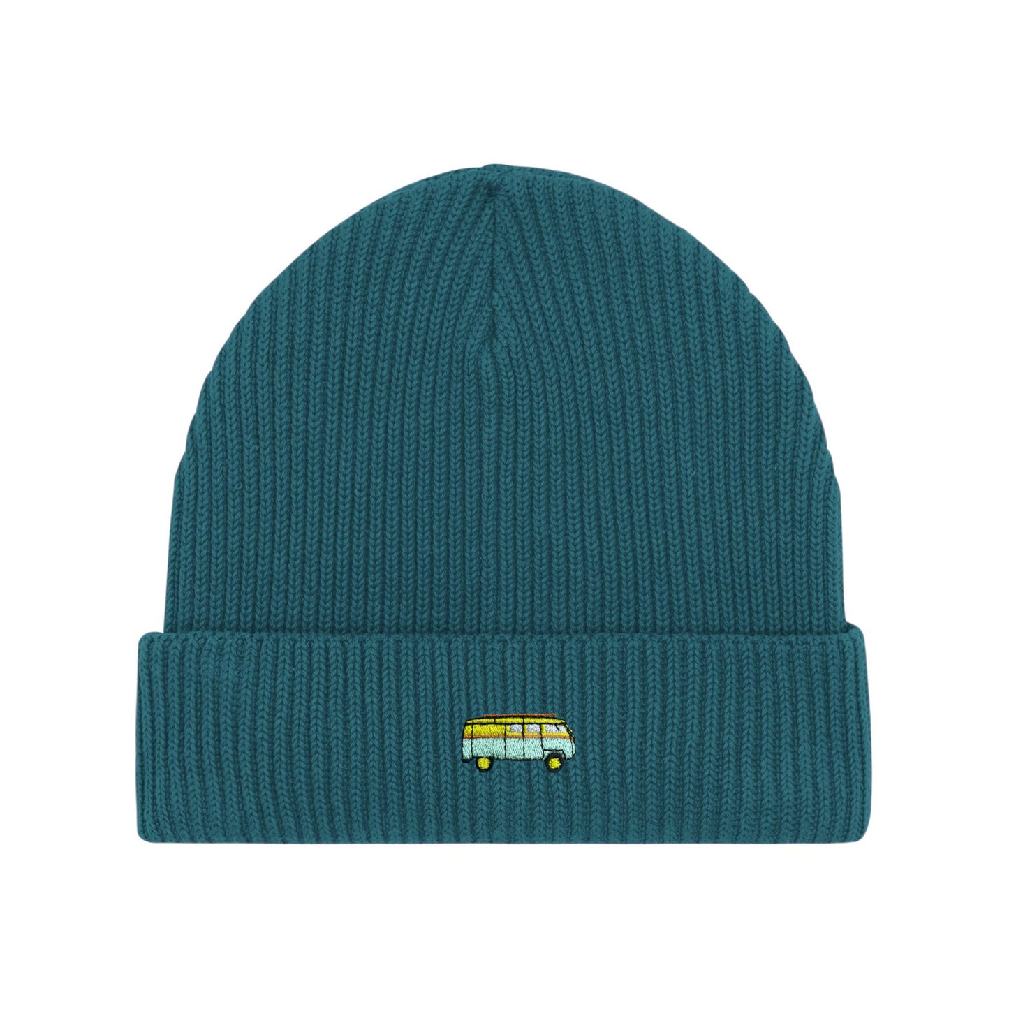 Petrolfarbener Beanie mit gesticktem Bus-Motiv auf dem umgeschlagenen Saum – stilvolles und individuelles Accessoire.