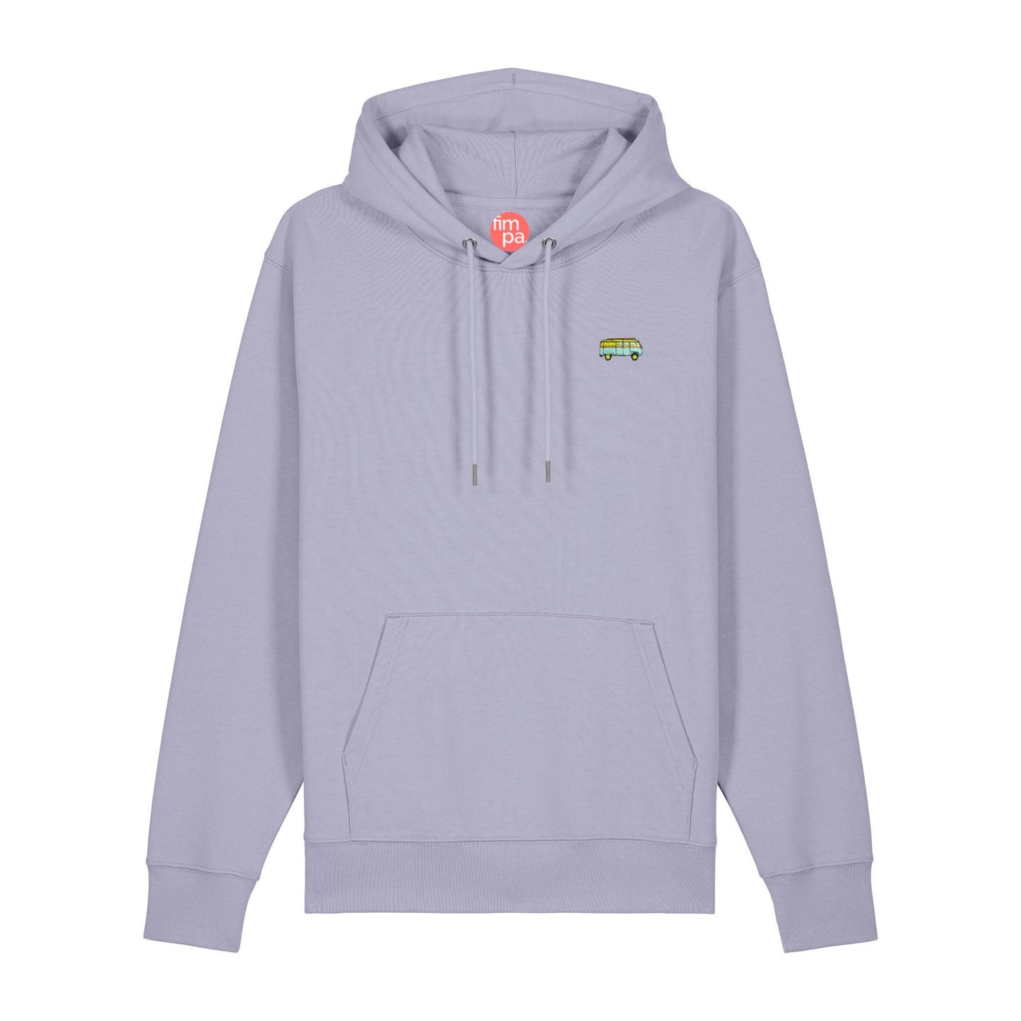 Fairer Unisex Hoodie in der Farbe Lavendel mit einem gestickten Bus auf der Brust in 3,5cm Länge. Zudem ein eingearbeitetes Nackenlabel von fimpa.