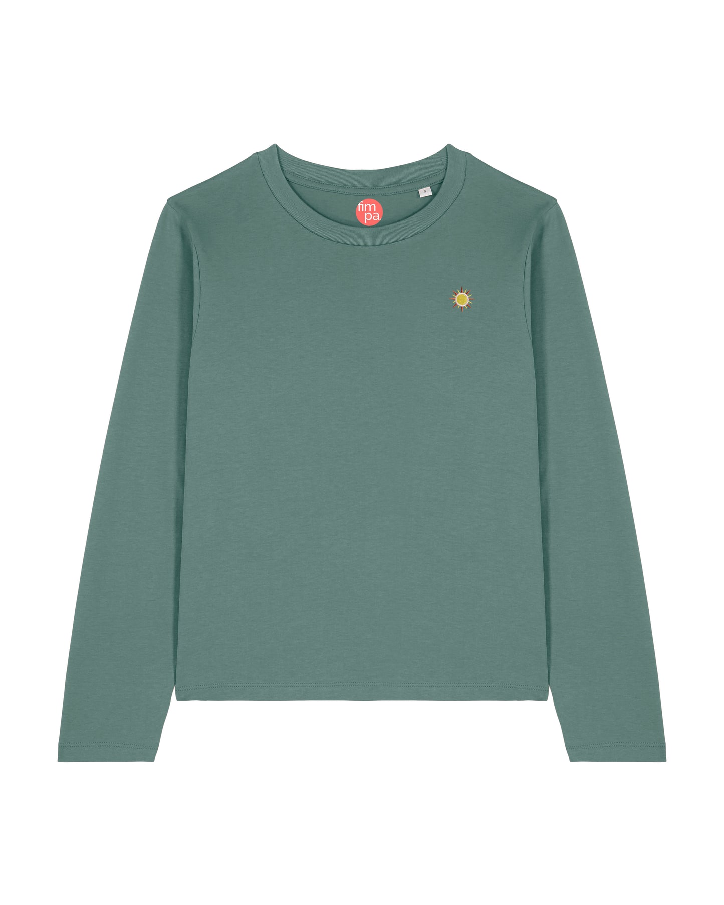 Grünes Langarmshirt mit modernem Schnitt und Stickerei auf der Brust.