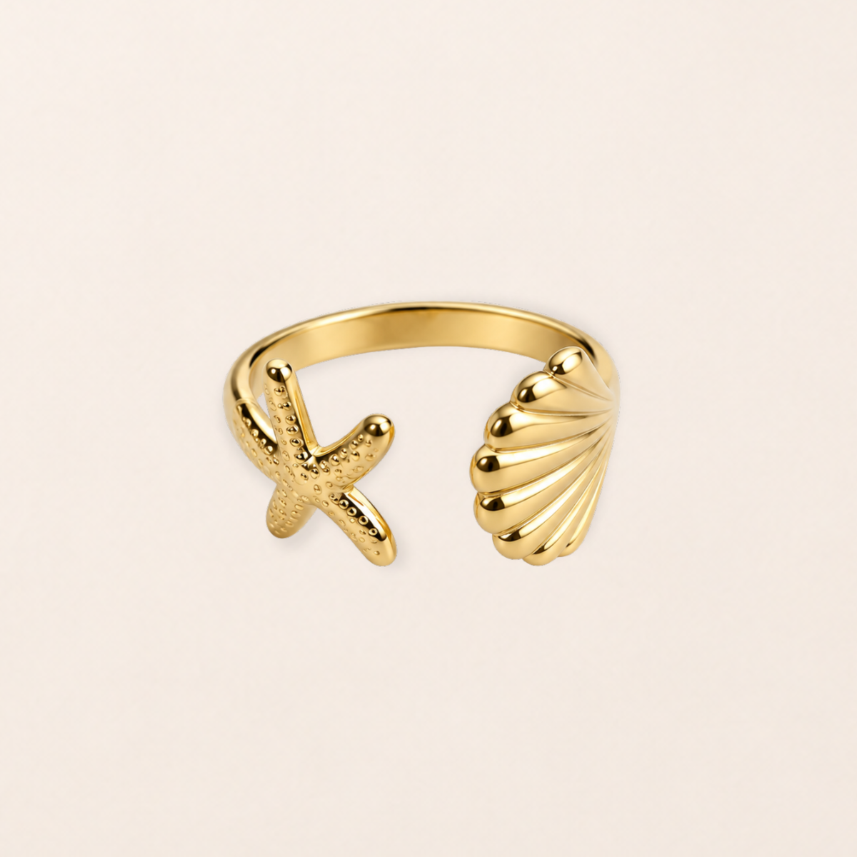 La Stella Ring in fimpa. Geschenkbox – Seestern & Muschel, 18K PVD-vergoldet, größenverstellbar